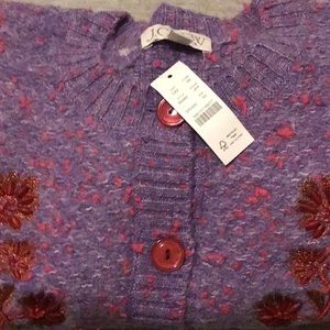 Sequin embroider cotton boucle cardigan sweater